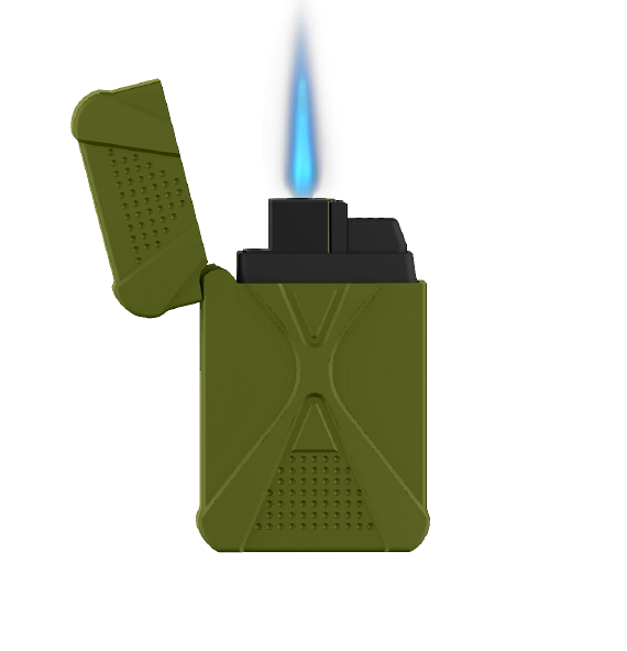 The Zengaz ZL-16 lighter in olive with flame.